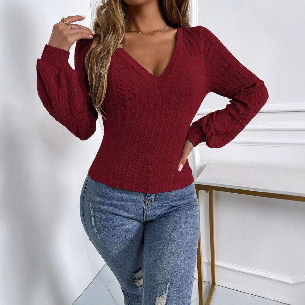 2014 autumn winter new style front rear large V-neck base top, European and American lantern sleeves slim fit T-shirt for women