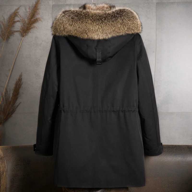 Winter natural fur jacket mens clothing medium length Parka gold satin lined coat fashionable warm fur coat big raccoon fur collar W241213