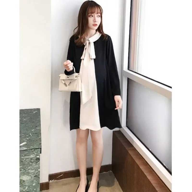 2024 spring pregnant women dress long sleeve turn-down collar patchwork materni a-line dresses loose woman clothes pregnancyXJ241213