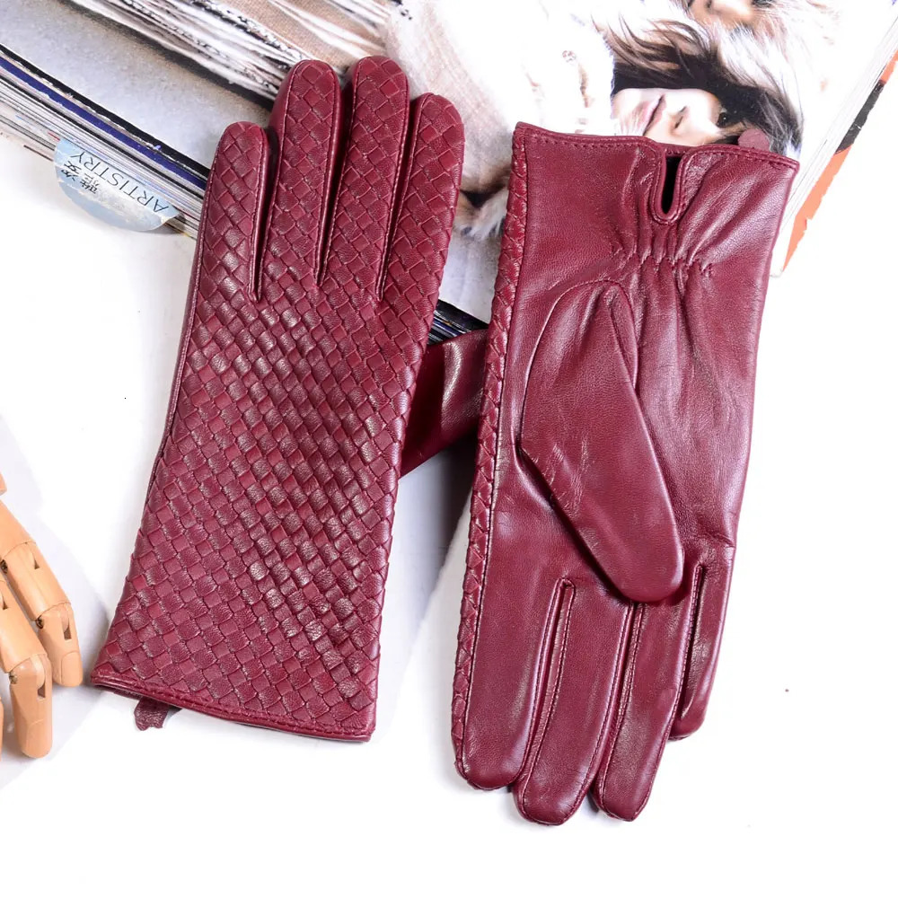 Womens 100% Real Leather Winter Warm Elegant Woven Lambskin Goatskin Classical Driving Riding Touch Screen Short Gloves 241213