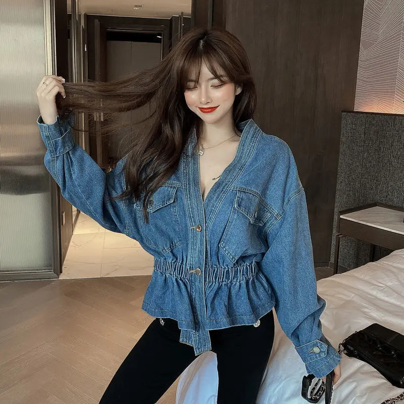 Womens Jacket SpringSummer Korean Fashion Full Match Vneck Retro Beaded Diamond n Loose Short Cowboy 241211