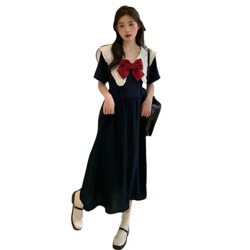 Summer Preppy Sle Bowknot Sailor Collar Materni A-line Dress Fashion Long Loose Pregnant Woman Preppy Sle Dress WholesaleXJ241213