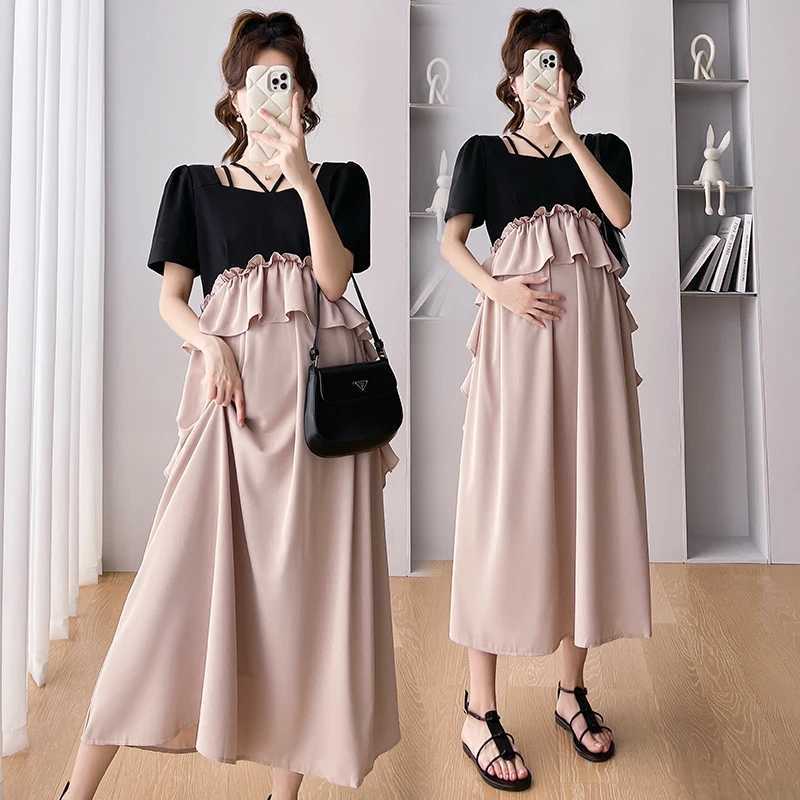 2025 Summer Pregnancy Dress Short Sleeve Square Collar Ruffles Patchwork Materni Chiffon Dress Plus Size Pregnant Women DressXJ241213
