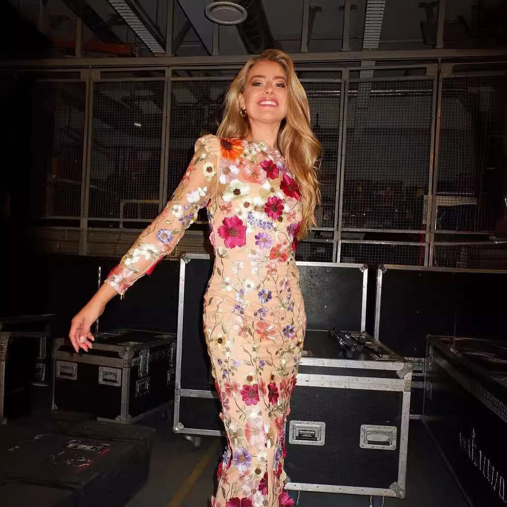 European American Spring And Summer Round Neck Colorful Three-Dimensional Wer Embroidery Mesh Slim Fit Hip Hing Fish Tail Dress Long Skirt