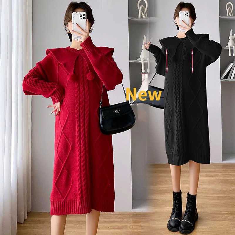 Mid Length Materni Fall Winter Sweaters Dresses Elegant Oversize Warm Pregnant Wear Fashion Korean Version Breastfeeding DressXJ241213