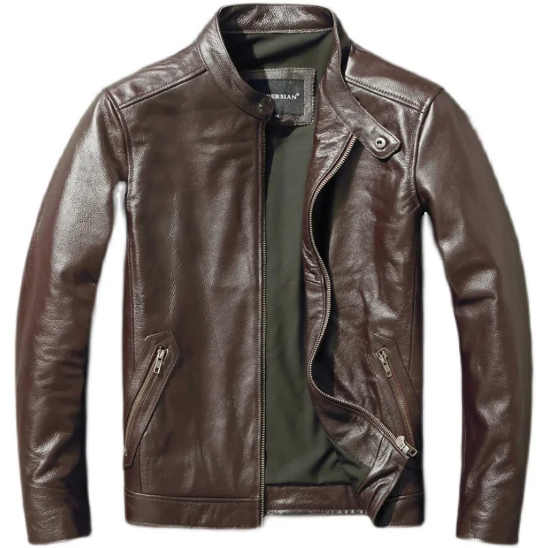 Top Layer Cowhide Jacket Fashion SlimFit Stand Collar Leisure Bomber 100 Genuine Leather Mens Vintage Short Zipper M 241214