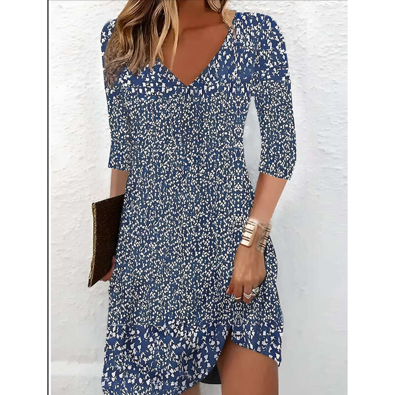 Autumn Printed Mid Sleeve V-neck Medium Length Dress for Women 2024 Versatile New Trendy Clothing Ins