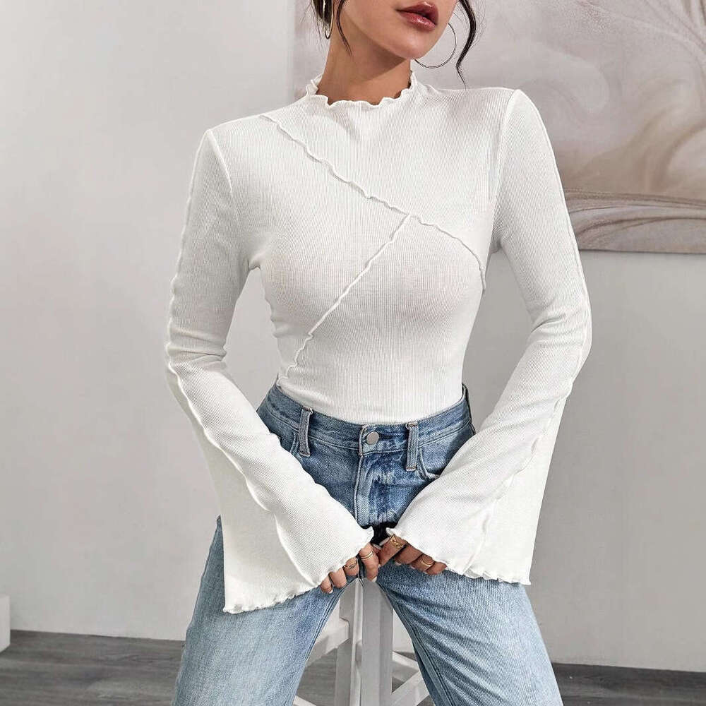 2024 Autumn Lotus Leaf Collar Bottom Shirt Hot Selg European and American Fashion Slanted Horn Sleeve Slim Fit Interior