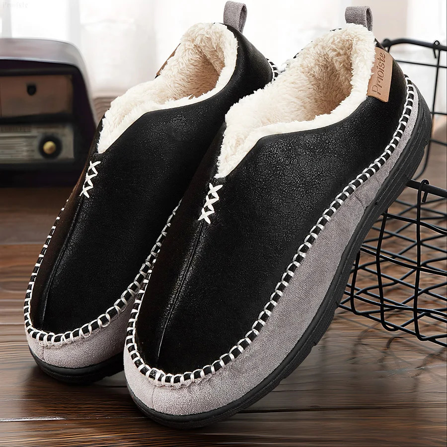 House Slippers For Men Sewing Patchwork Memory Foam Indoor Outdoor Shoes Warm Plush Street Winter NonSlip Big Size 241214