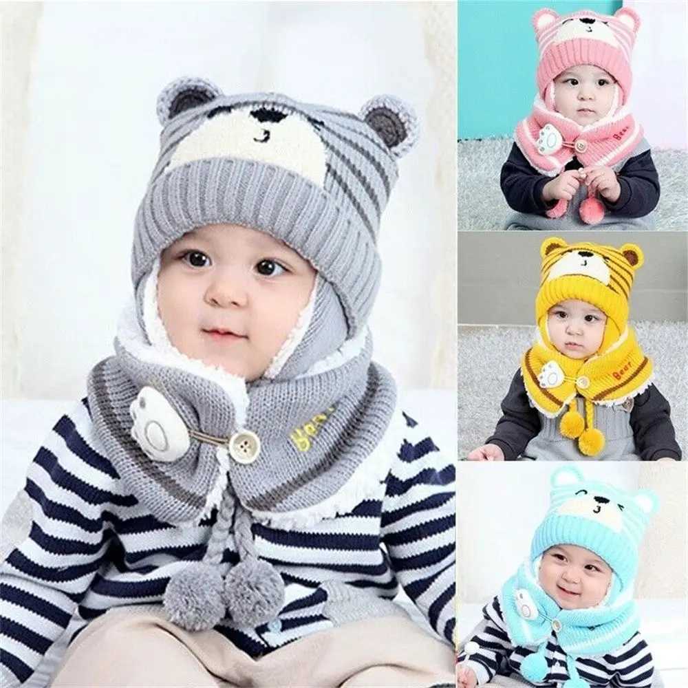 Warm Preschool Baby Winter Boys and Girls Neck Scarf Baby Bean Hat Childrens Hat Scarf Set Bear Earmuffs W241213