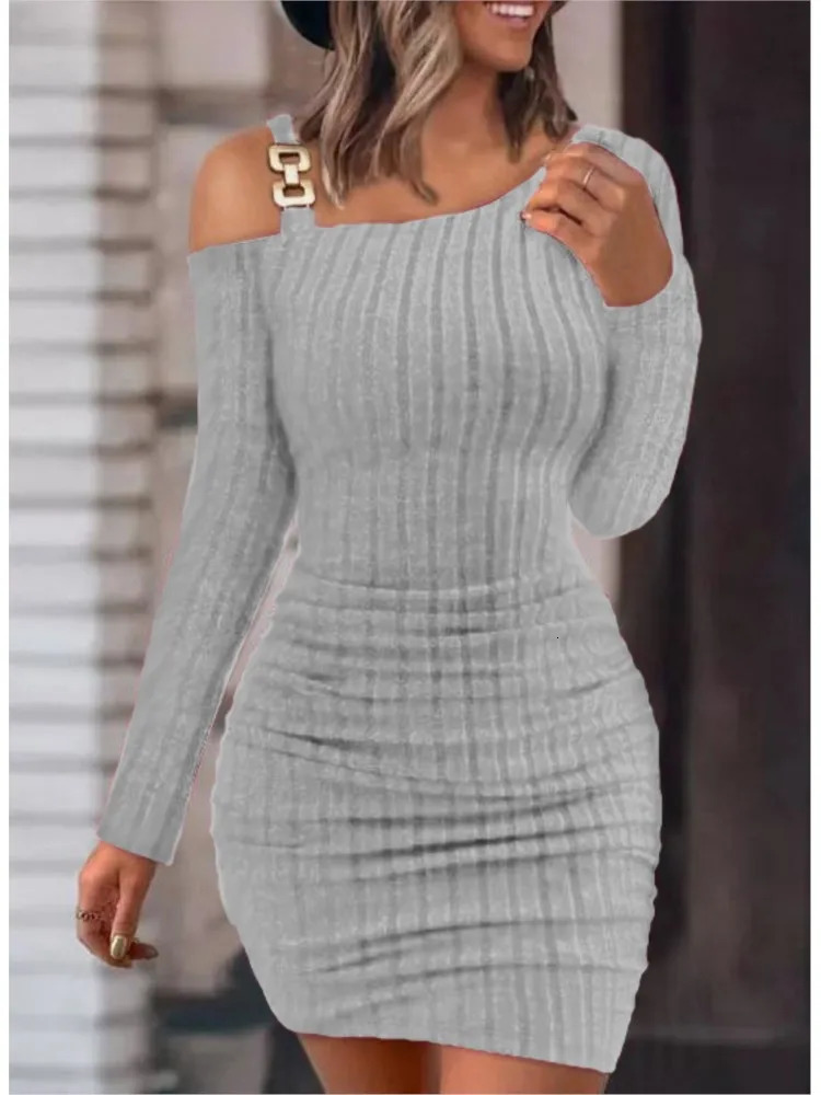 Sexy Chain Shoulder Mini Dress for Womens Autumn Fashion Bodycon Long Sleeve Winter Tight Knitted Tank Top 241212