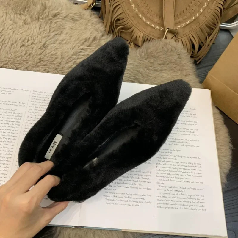 Pointed Toe Fur Ballet Flat Shoes Womens Shoes Winter Warm Plush Shallow Load Womens Comfortable Fur High Heels Dress Shoes Zapatos MUJI 241213