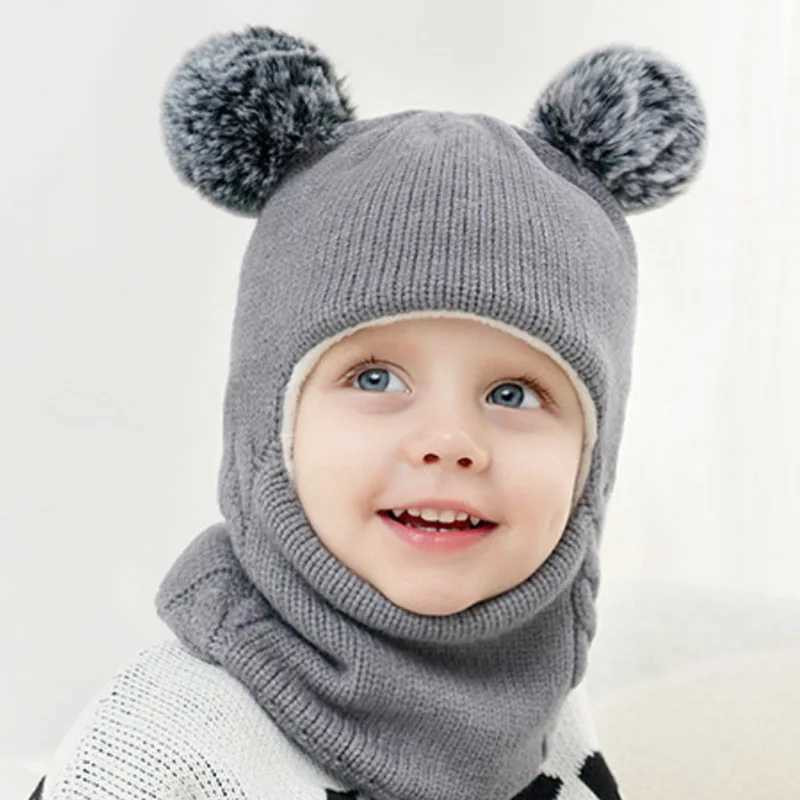 Baby boy Beanie neck protection solid windproof winter childrens knitted hat warm wool childrens earmuffs W241213