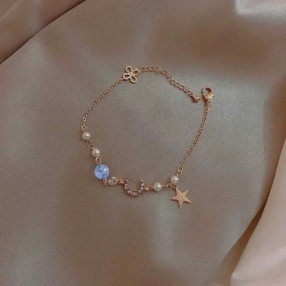 Fashion Women Stainl Steel Star Moon Pearl Simple Crystal Zircon Bracelet Pendant Jewelry Girl Party GiftXJ241214
