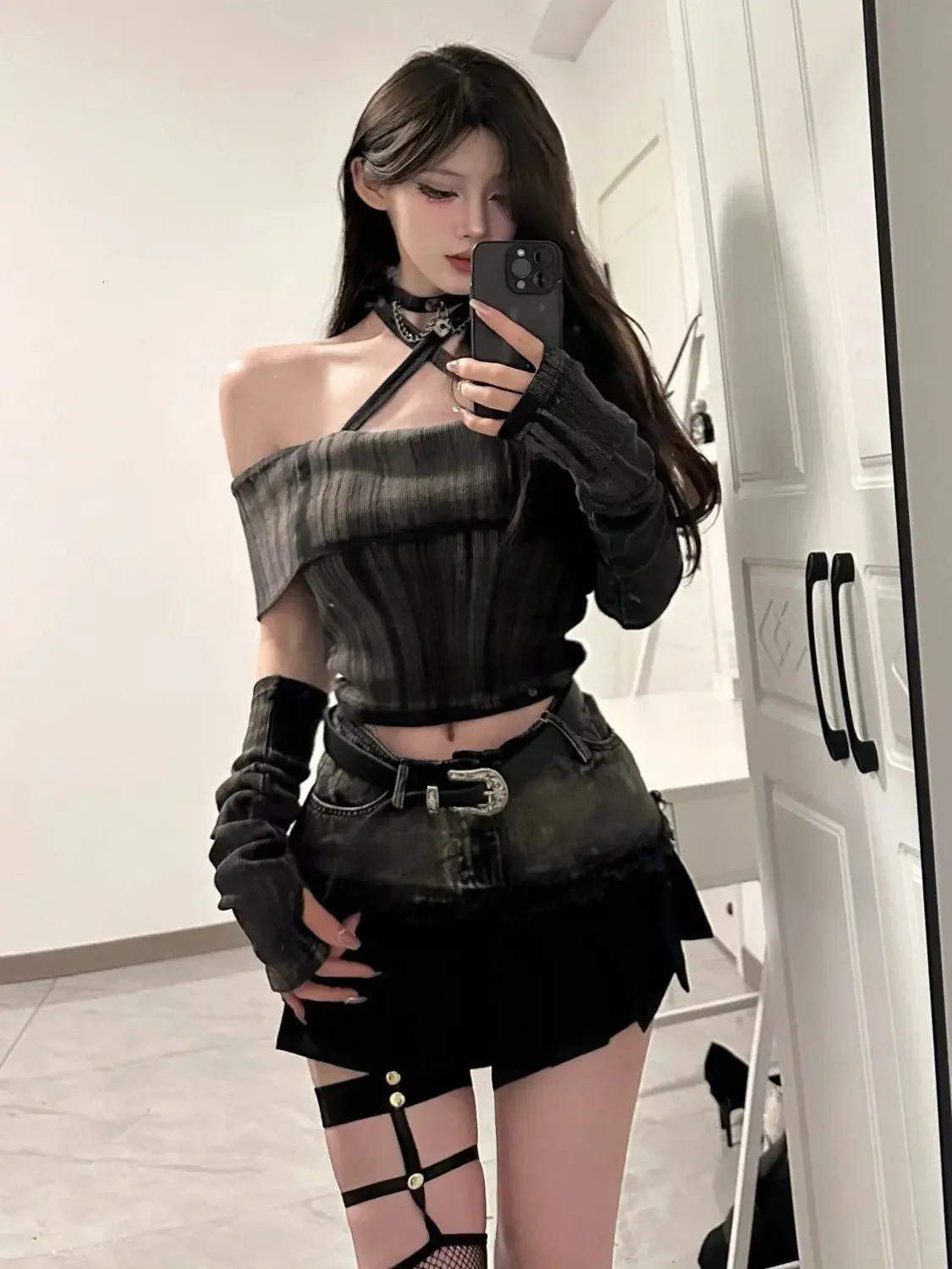 Dark Dopamine Clothing Sexy One Shoulder Short Sleeve Slim Retro Top Spliced Skirt Suit Girl Twopiece Women 241211