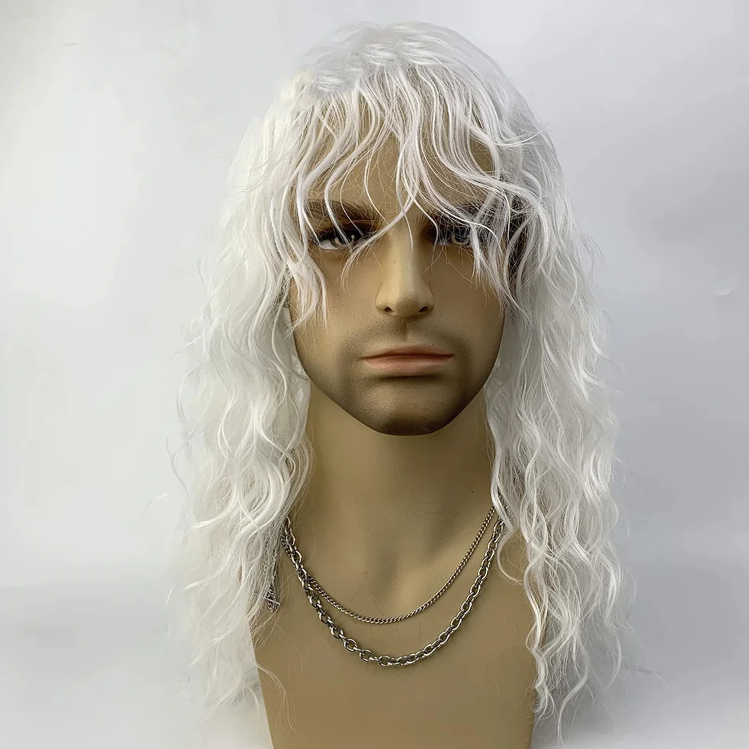 18 Inch Synthetic Rock Wig Men/Women Black White Bangs Long Wavy Curly Wig Party or Halloween Wig 241213