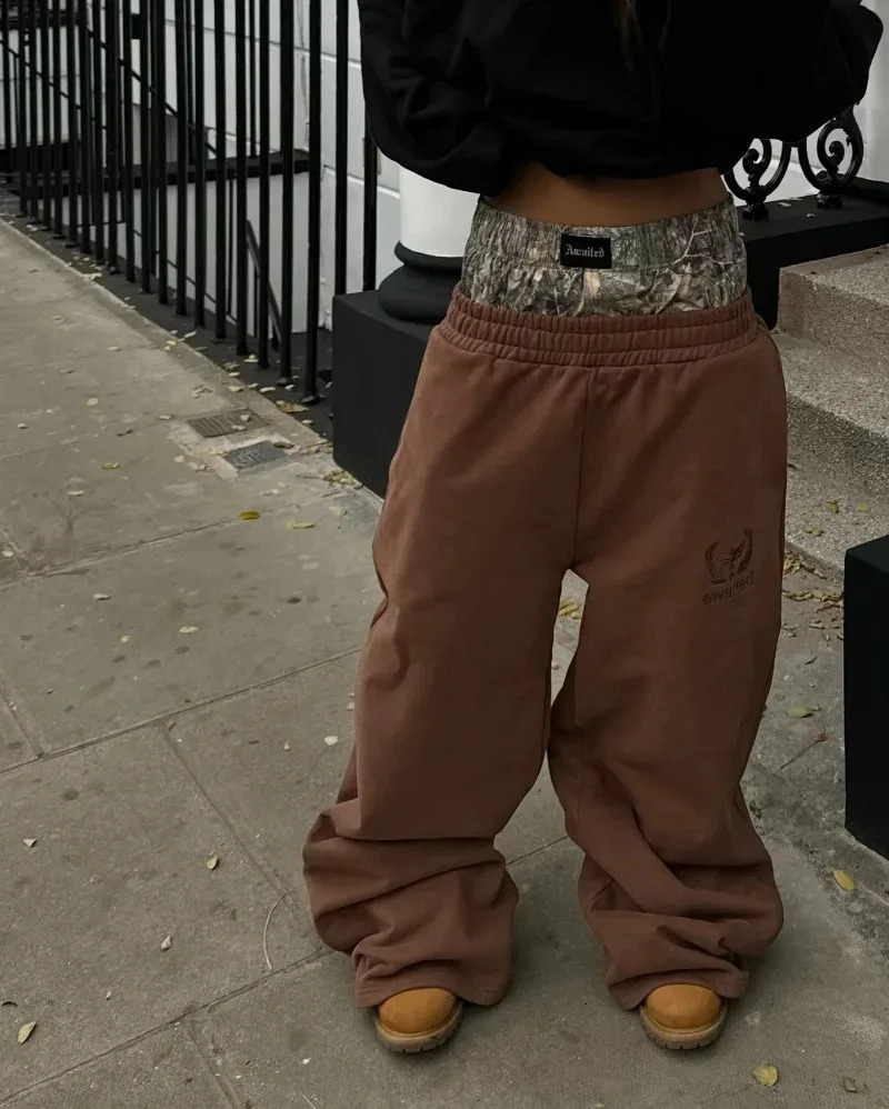 Y2K pants vintage camouflage double Embroidered waist Sweatpants Harajuku gothic Hip Hop Streetwear High waisted Wide Leg Pants 241214