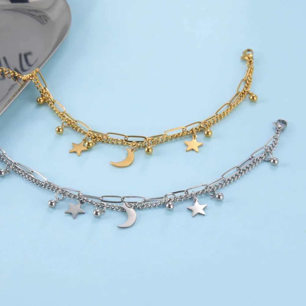 Star Moon Pendant Double Chain Bracelets Womens Stainl Steel Bracelets Tren Jewelry for r Anniversary GiftsXJ241214