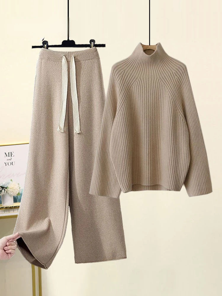Winter Warm Knitted Suit Women Long Sleeve Half Turtleneck Knitting Sweater And Wide Leg Pants Sets Outer Wear Loose Set N437 241203