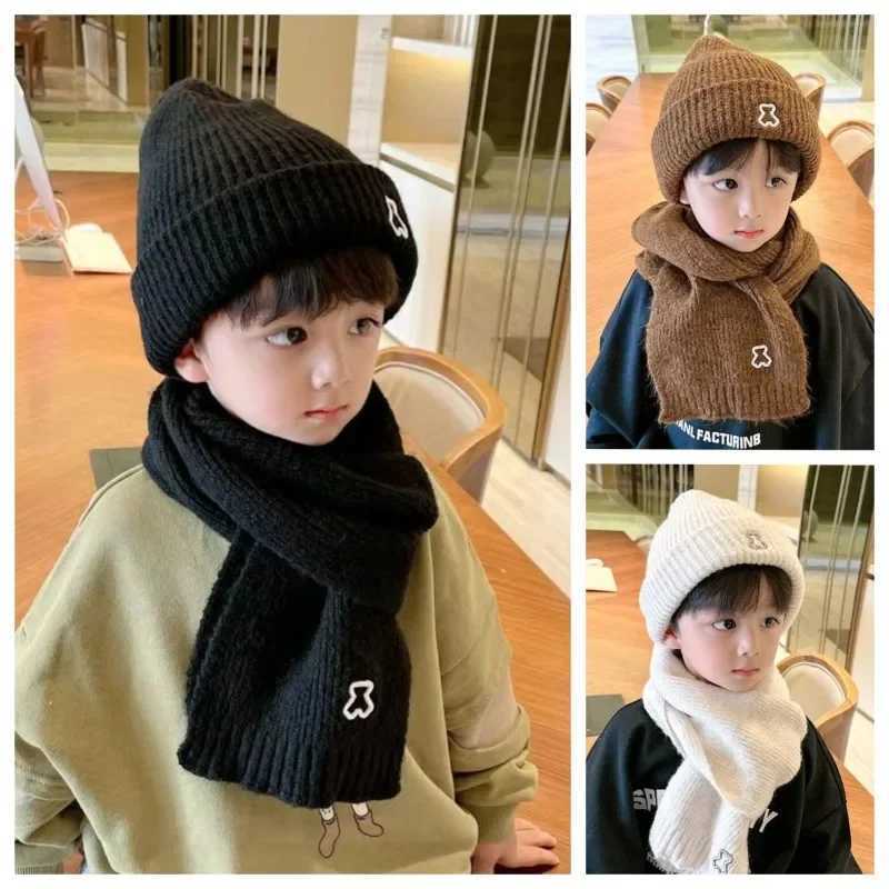New Fashion Warm Hat Scarf Set Suitable for Children Boys Girls Chick Bear Knitted Hats Winter Warm Bean Scarf Set W241213