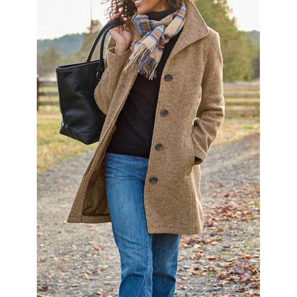 Autumn Winter New European And American Clothing Retro Medium Long Solid Color Woolen Coat Coat, Women's Fashionable Quality Classic