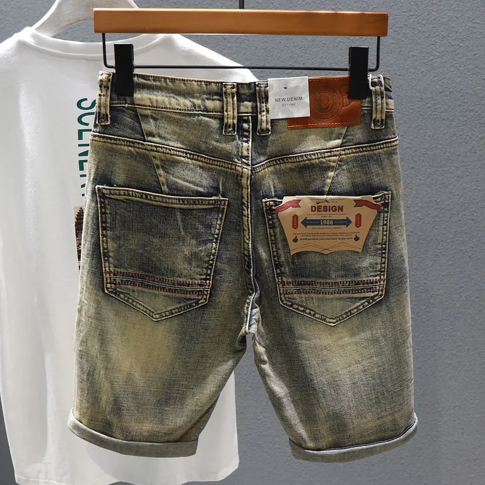denim mens summer jeans retro Distressed knee length casual fashion shorts 241211