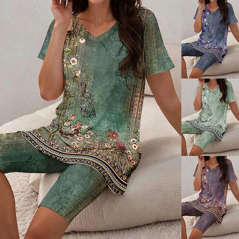 Summer Women's T-shirt and Shorts wer 3D Printed V-neck Two Piece Set 2024 New Casual Versatile Fashion Clothing