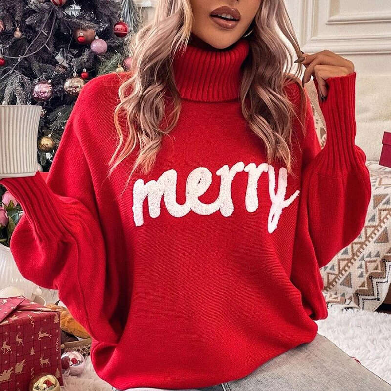 European American Christmas high neck sweater women's autumn and winter loose bat sleeves outer wear knitted top women