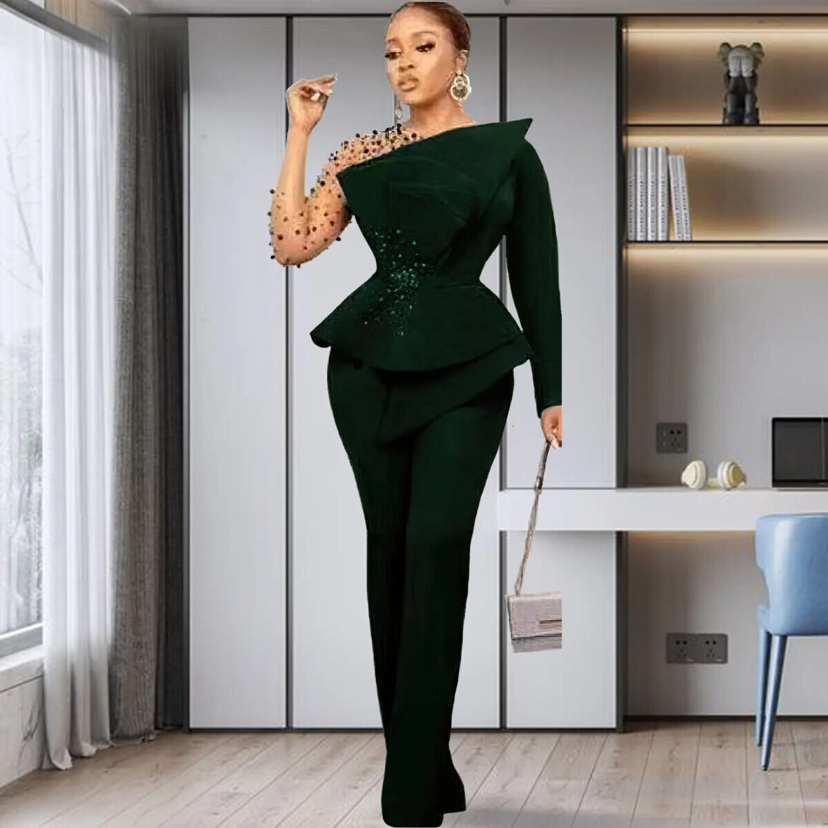 Vintage Women Beading Mesh Patchwork Ruffles Fan-Shaped Blazer Tops And Pants Suit Two 2 Piece Set Outfits Tracksuit