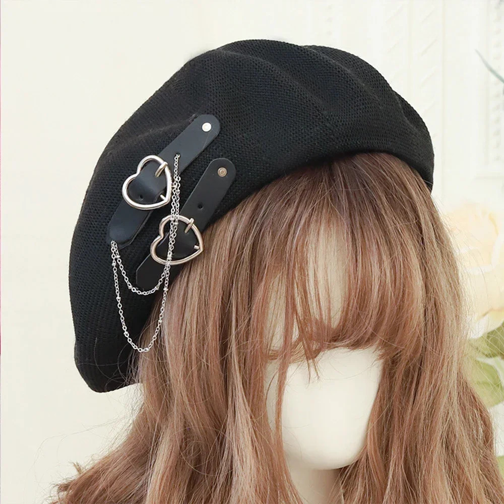 Japanese Beret Harajuku Y2 Fashion Lolita Hat JK Girls Cute PU Chain Heart Love Wool Kawaii Womens Accessories 241210