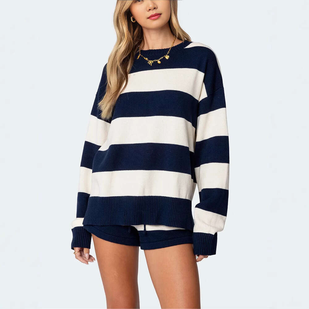2025 new European and American knitted women's loose round neck pullover, long sleeved striped sweater jacket for women