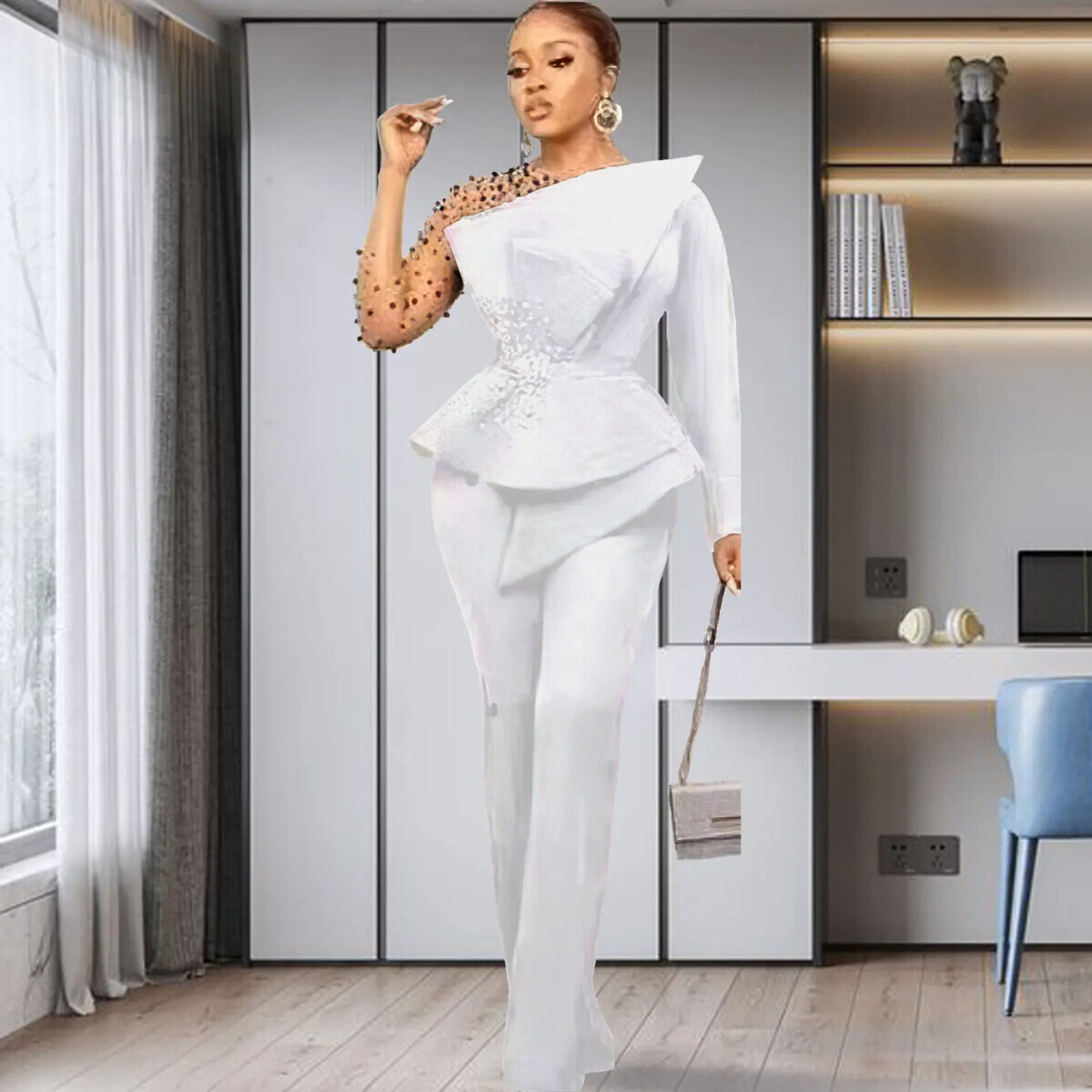 Vintage Women Beading Mesh Patchwork Ruffles Fan-Shaped Blazer Tops And Pants Suit Two 2 Piece Set Outfits Tracksuit