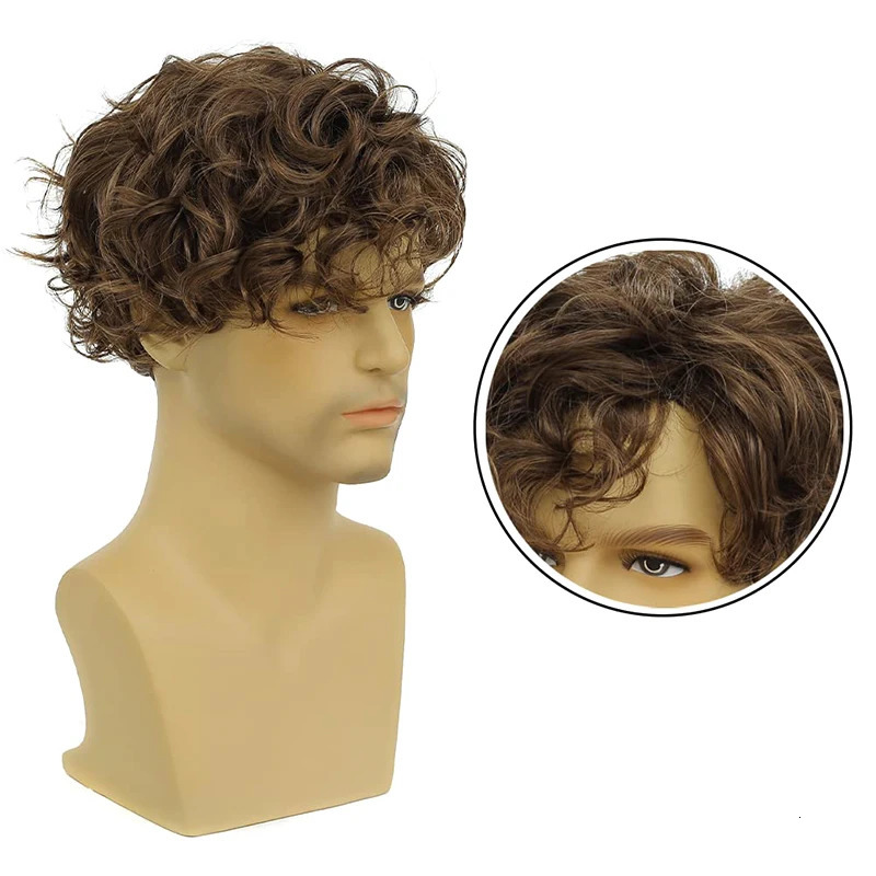 Short black synthetic wigs with bangs for menfluffy curly hair daily heat resistant breathable male wig 241213