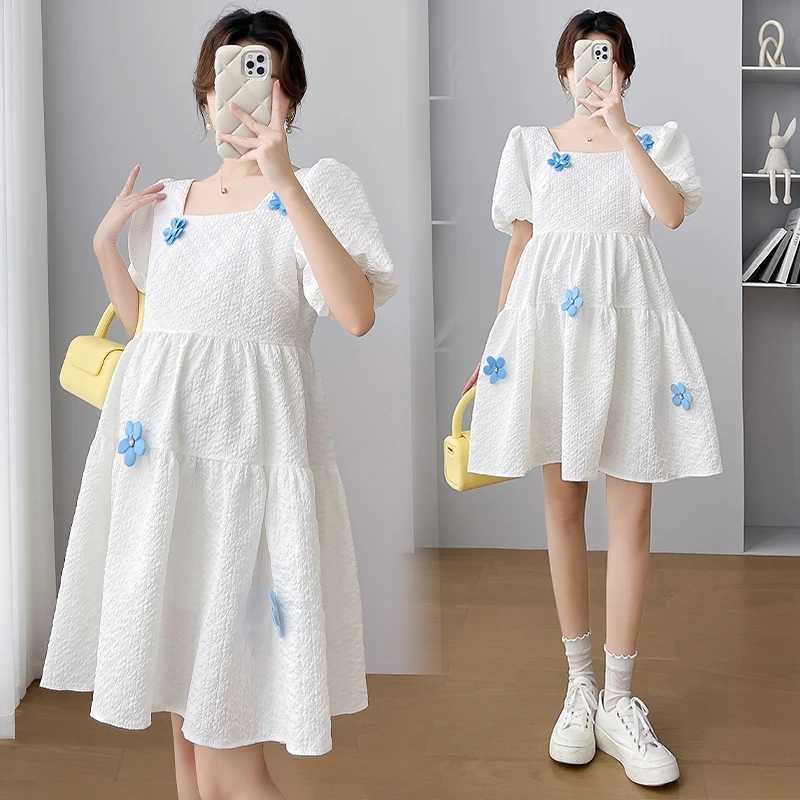 Korean Sle Materni Ball Gown Dress Sweet Puff Sleeve Square Collar Pregnant Womens A-Line Dress Pregnancy Par Dress CuteXJ241213