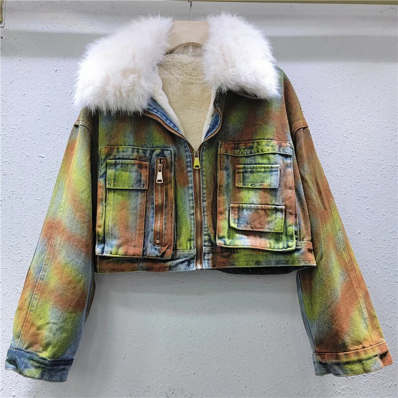 Fashion splicing large fur lapel long sleeved denim jacket womens winter thick zipper denim jacket autumn trendy 16O3165 241210