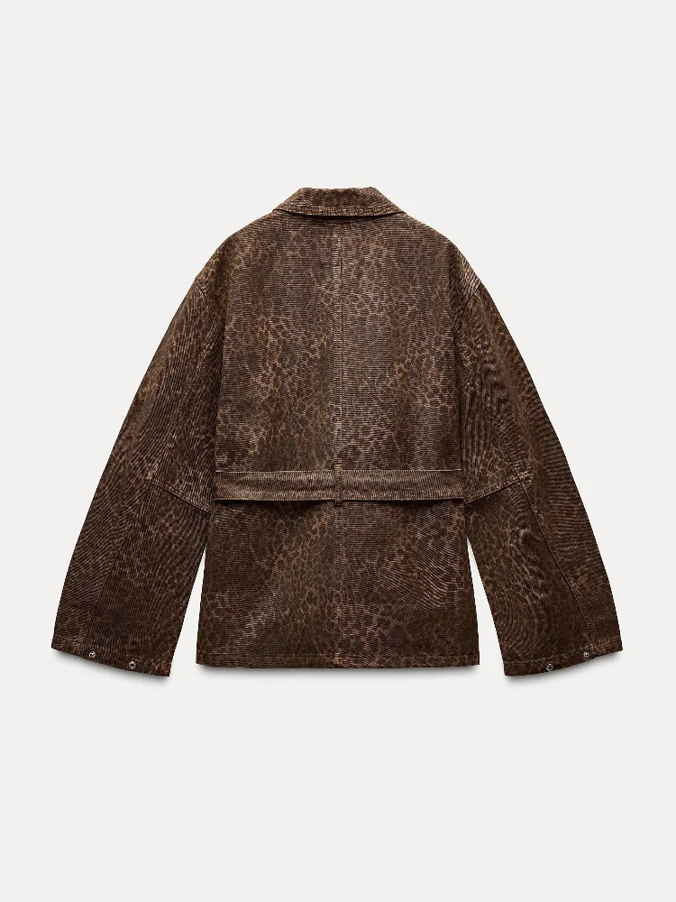 Leopard Printed Denim Single Chest Womens Coat Fashion Collar Long Sleeve Pocket Jacket Autumn 241211