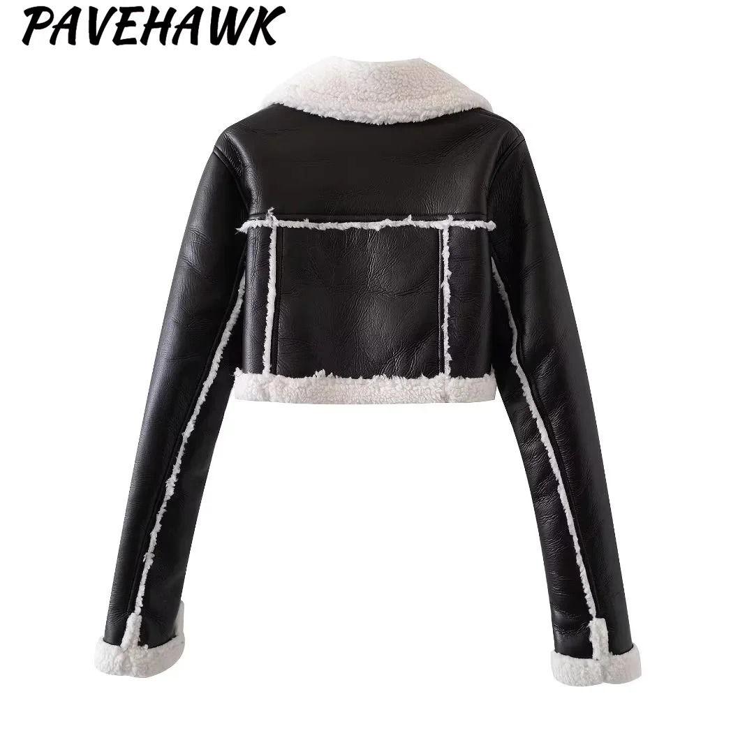 Womens cut PU leather jacket autumn and winter wool front zipper bomber tweed jacket solid long sleeved womens warm fur coat 241210
