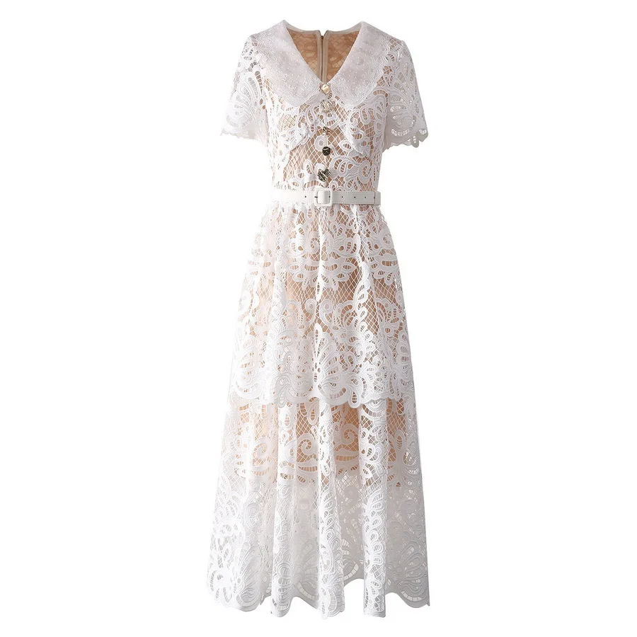 Casual Dresses Autumn Lace Embroidery White Cake Dresses Women Long Sleeve Crochet Hollow Out Party Prom Evening Wedding Dresses