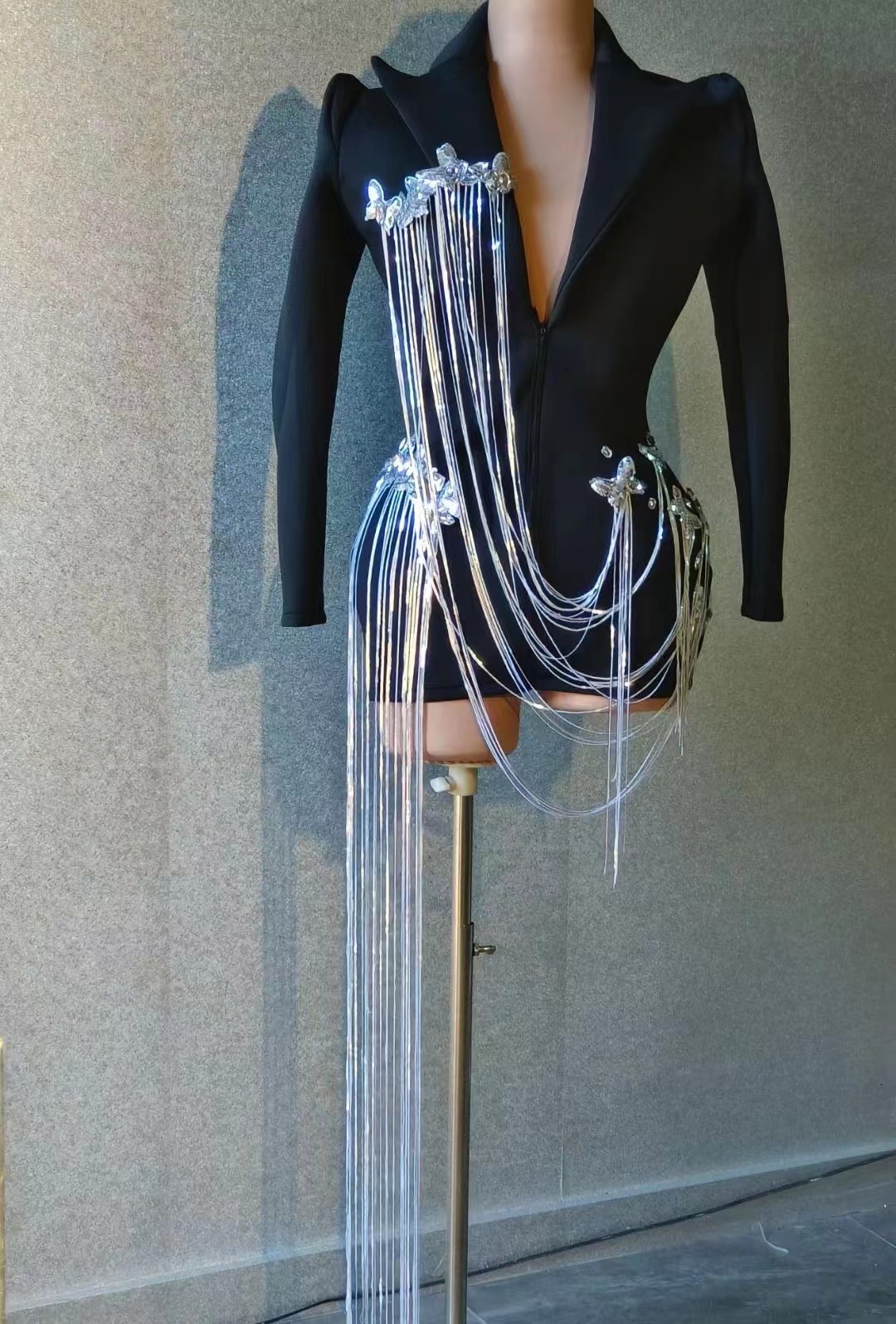Collar Birthday Evening Party Nightclub Singer Flashing Tassels Chains Mini Dress Black Color Fashion Suit