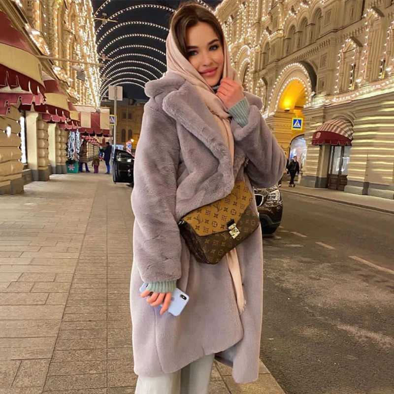 Luxury winter long coat womens oversized lapel artificial rabbit fur coat jacket womens plus size coat fur coat X241214