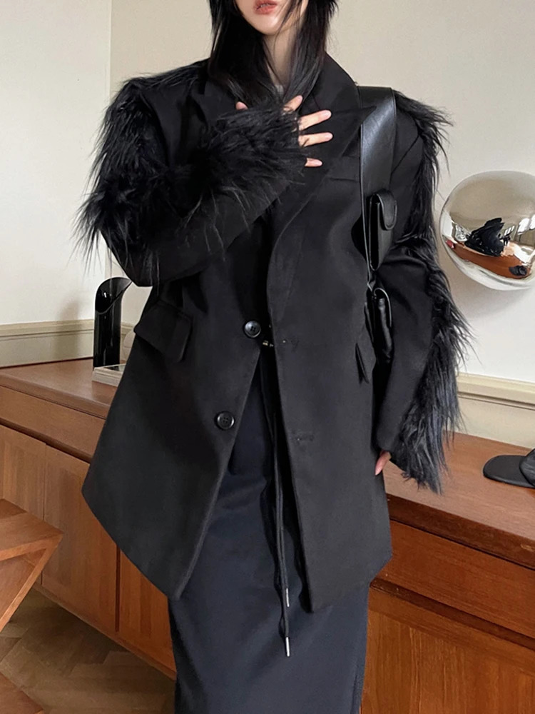 ZMEENNA Long Sleeve Patchwork Faux Fur Woolen Women Coat Autumn Winter Fashion Versatile Temperament ner Suit Jacket 241209