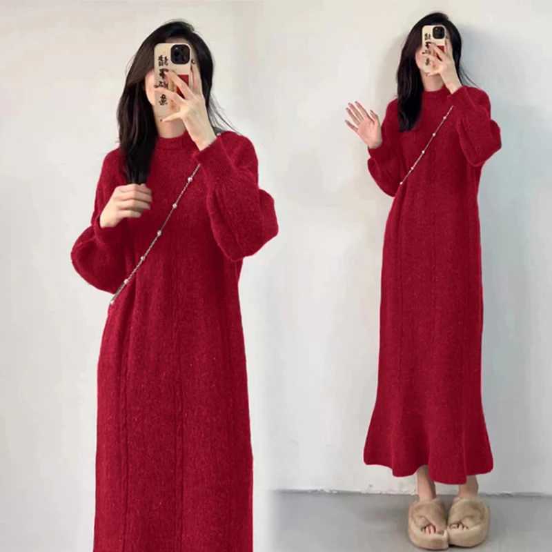 Autumn Winter Luxury Materni Fishtail Dress Thick Warm Long Sleeve O-neck Pregnant Woman Knitted Dress New Year Par ClothesXJ241213