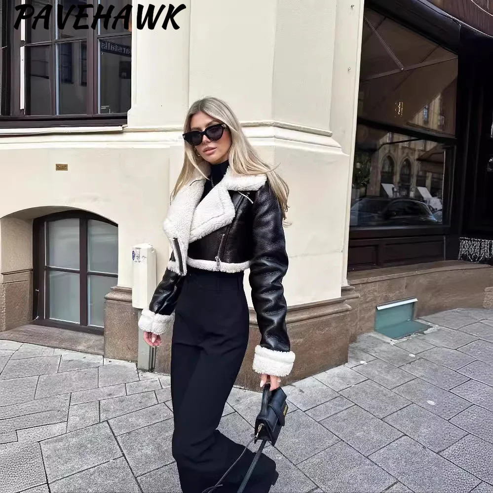 Womens cut PU leather jacket autumn and winter wool front zipper bomber tweed jacket solid long sleeved womens warm fur coat 241210