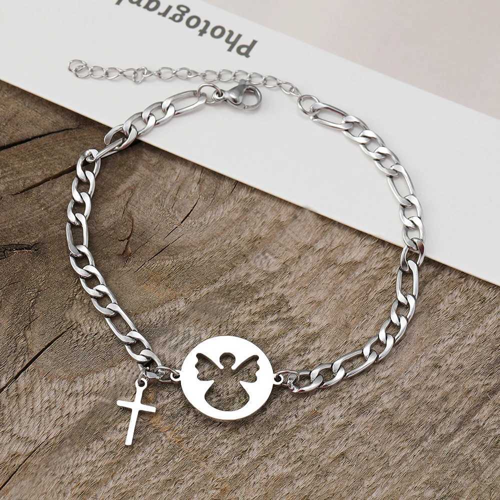 Stainl Steel Bracelets Cartoon Angel Cross Cool Girls Gothic Pendants Figaro Chains Unique Charms Bracelet For Women JewelryXJ241214