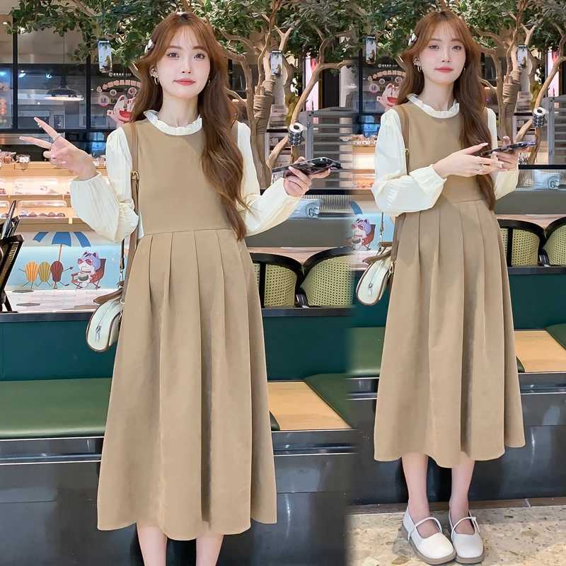 Pregnant Womens Clothing for Autumn Block Color Patchwork Long Sleeve Ruffle Collar Materni Pleated Dress Office Lady ClothesXJ241213