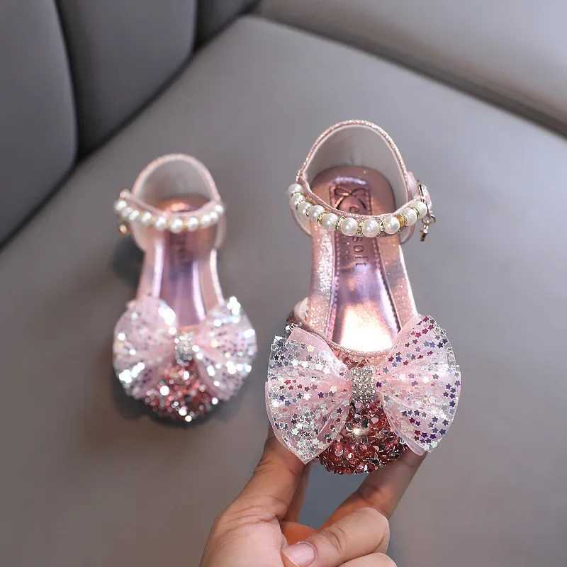Sandals Sweet Girl Princess Sandals Fashion Rhinestone Pearl Bow Baby Shoes Kids Party Children Dance Little Girls Leather Shoes H06267 H241213