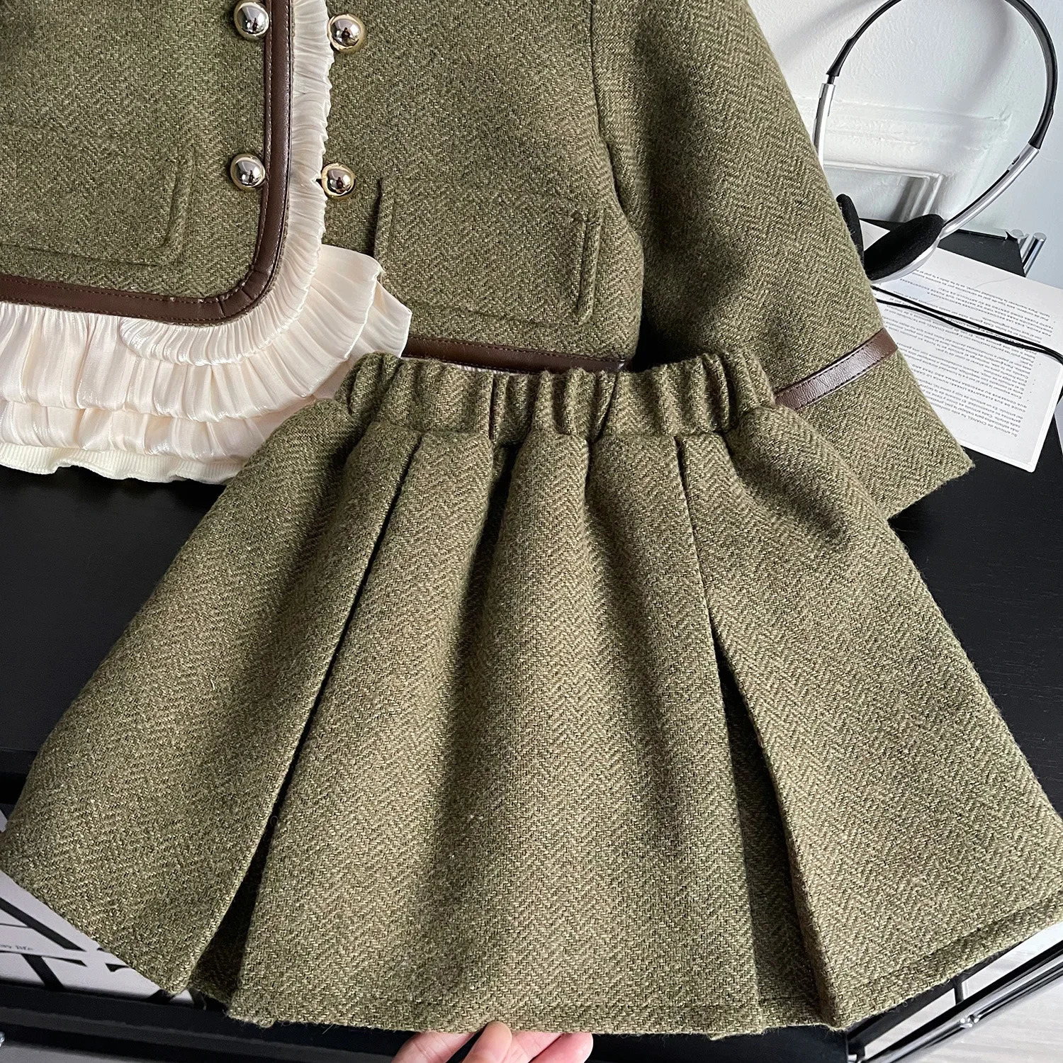 Childrens Clothing Sets Small Fragrance Lace Long Sleeve Coat Pleated Skirt Girls Kids Boutique Clothes Baby Girl Outfit Set 241213