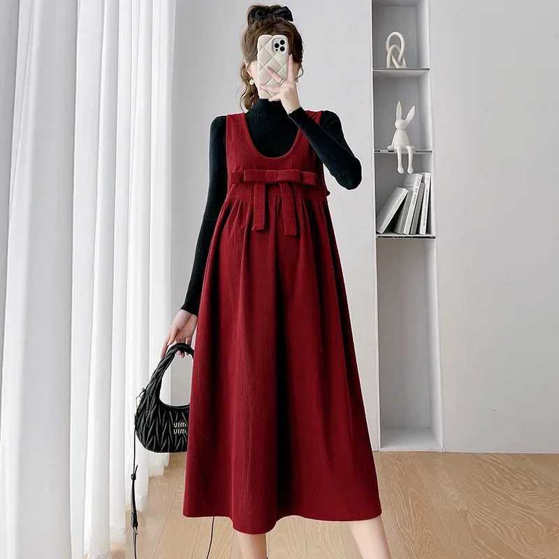 2025 Materni Sundress with Bowknot Sweet Pregnant Woman Corduroy Tank Dress Plus Size Sleeveless Pregnancy DressXJ241213