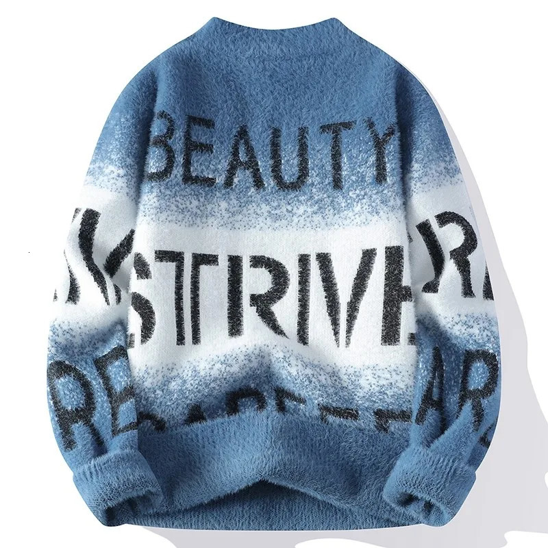Gradient Color Blocked Letter Printed Sweater American Trend Mens Tops Classic Autumn Knitted Pullover Fashionable Slim Fit 241213