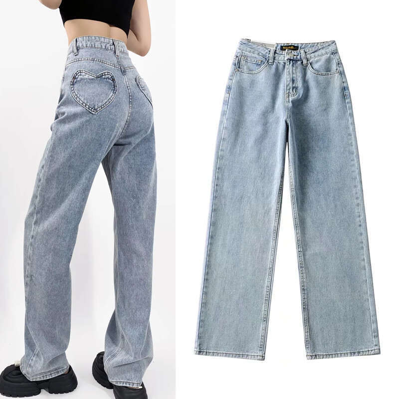 Autumn Hot Girl High Waist Loose Heart Pocket Wide Leg Jeans Women's Washed Straight leg Cowboy Pants Trendy 2024 New Style Stylish and Elegant C
